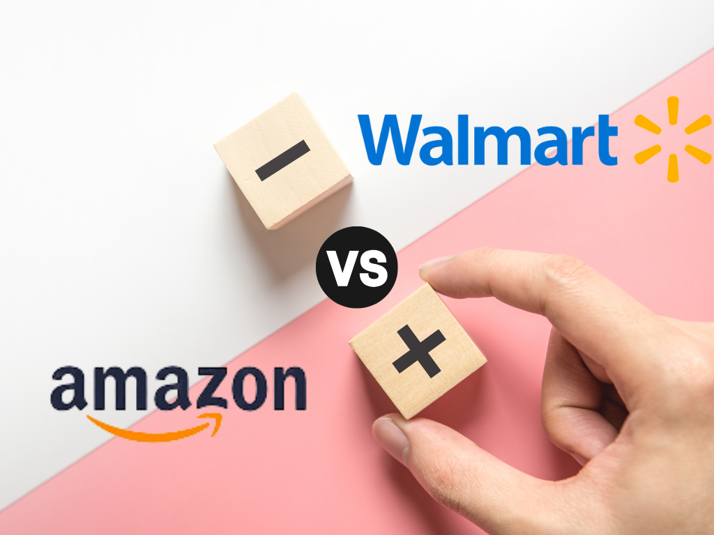 Illustration comparing Walmart WFS vs Amazon FBA using two dice with plus and minus signs, featuring Amazon and Walmart logos.