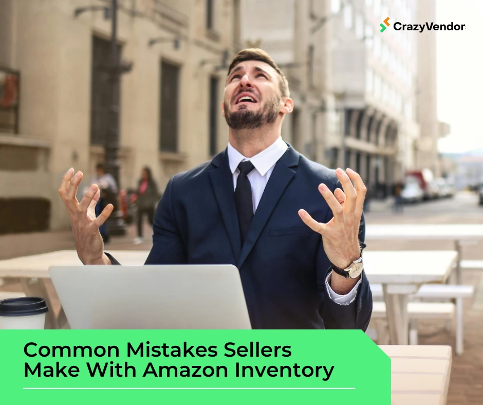 Man sitting in front of a laptop looking frustrated, highlighting the impact of failing to sync inventory across Amazon.