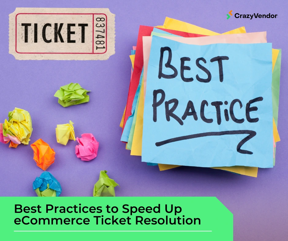 Stack of papers labeled “best practice” next to a ticket graphic, representing how to speed up ecommerce ticket resolution with proven methods.