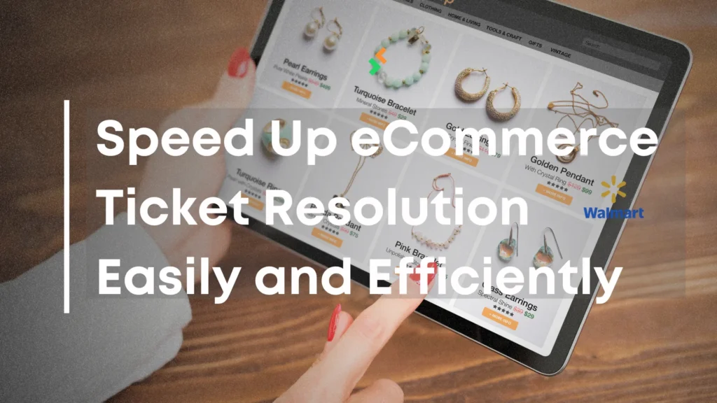 Woman’s hand browsing product categories online, representing how smooth shopping experiences rely on tools that speed up ecommerce ticket resolution.