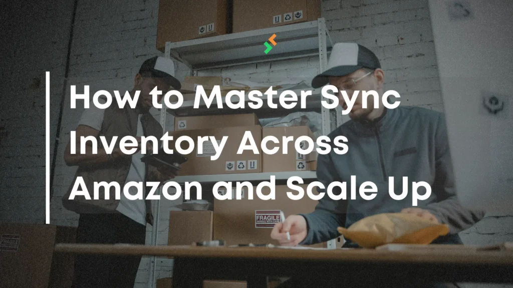 Two people in a warehouse managing stock with clipboards and boxes, representing the need to sync inventory across Amazon for accuracy.