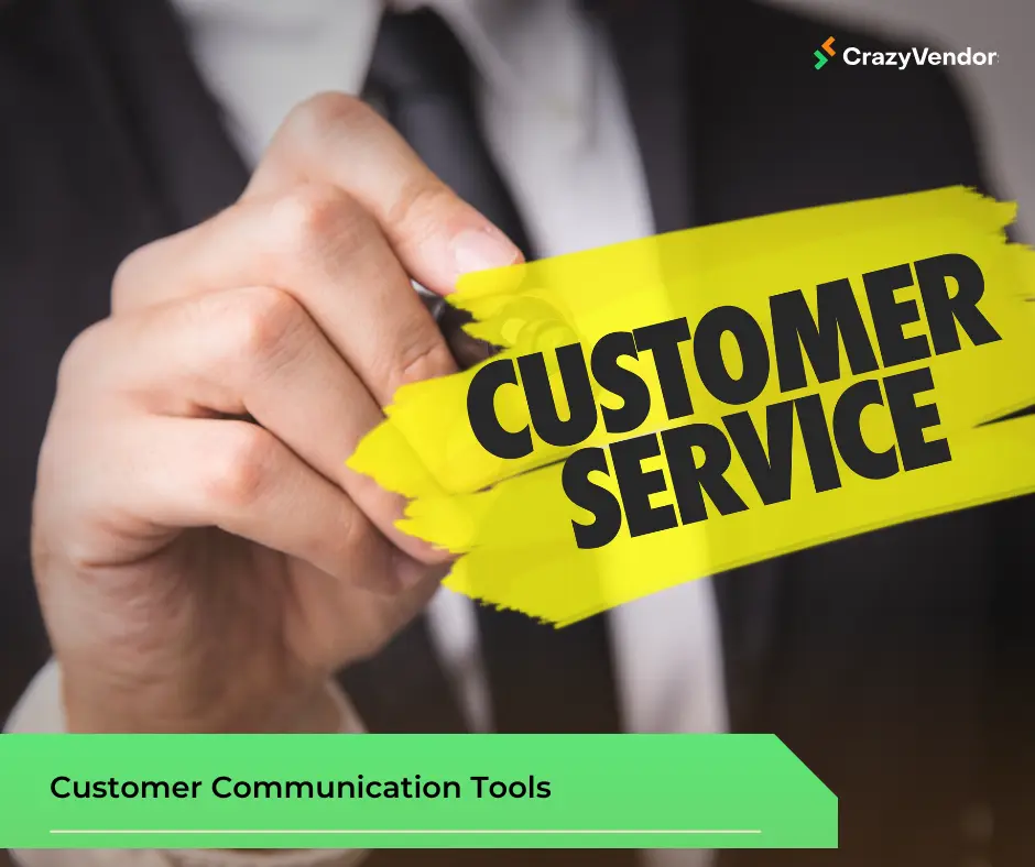 Hand of a man holding text bubble with the words customer service, symbolizing customer communication tools in eCommerce.