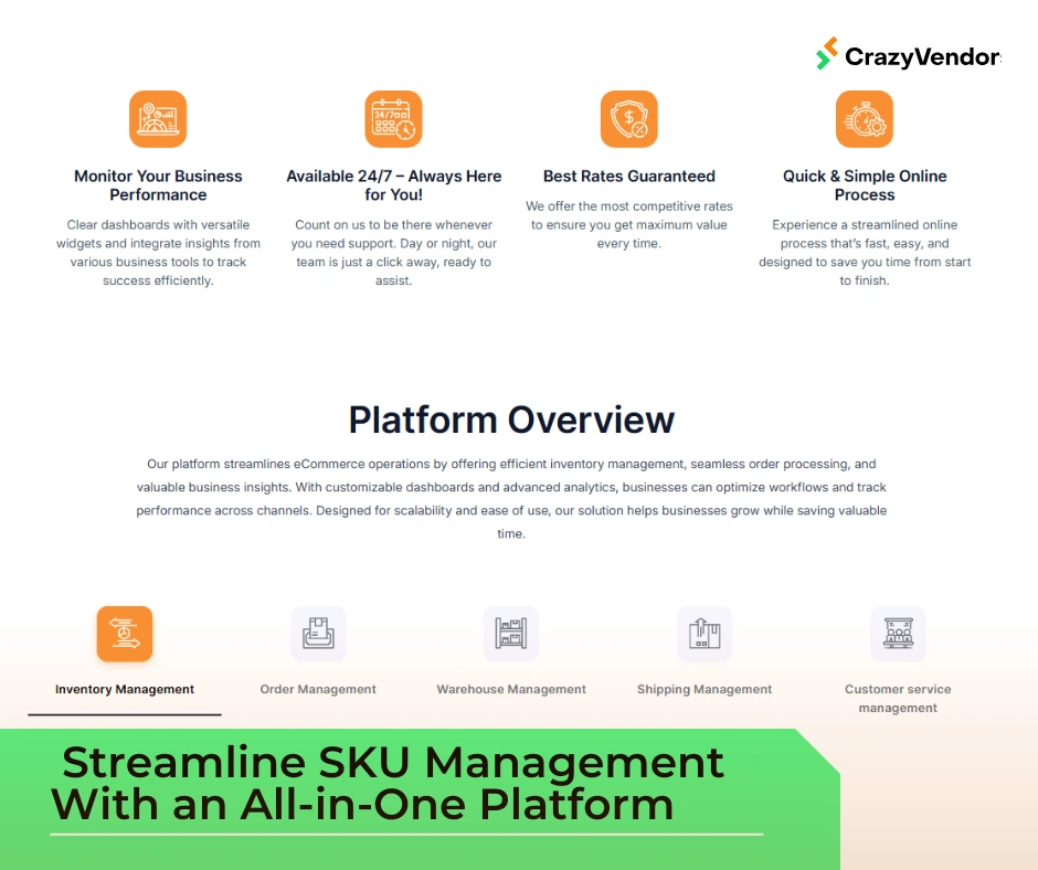 CrazyVendor homepage showing features of its all-in-one platform to streamline SKU management and multichannel syncing.

