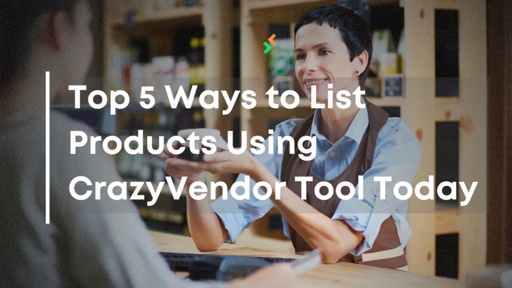 Smiling store owner assisting a customer at the counter, representing the top ways to list products using CrazyVendor tool today.