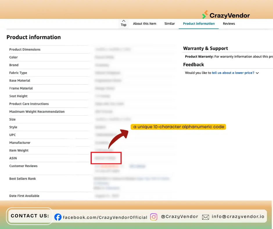 Screenshot showing Amazon ASIN example with highlighted code, explaining what is ASIN
