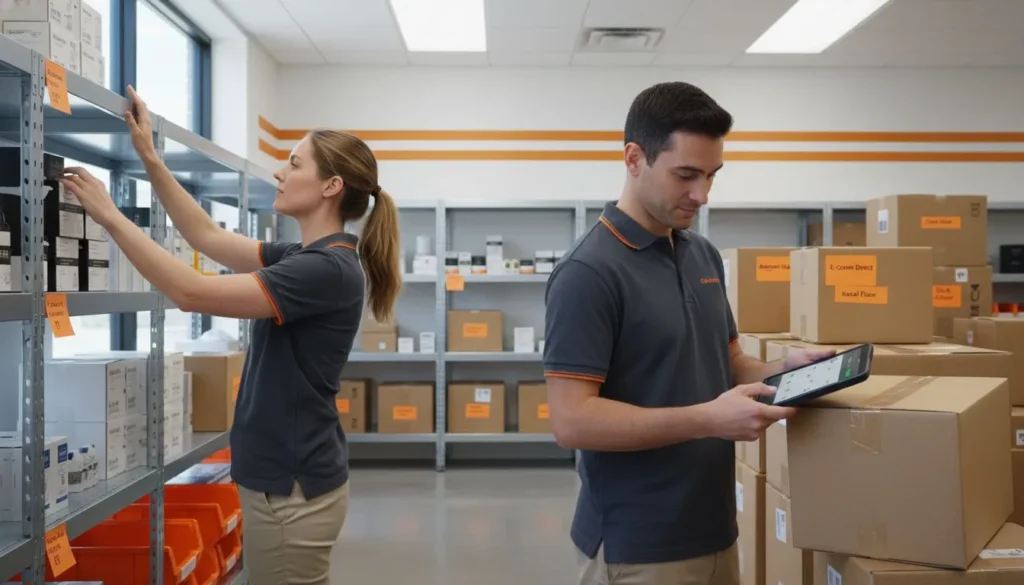 Warehouse team managing inventory on shelves and tablets to fulfill orders from multiple online platforms, showing how multichannel selling requires organized stock control and coordinated order processing