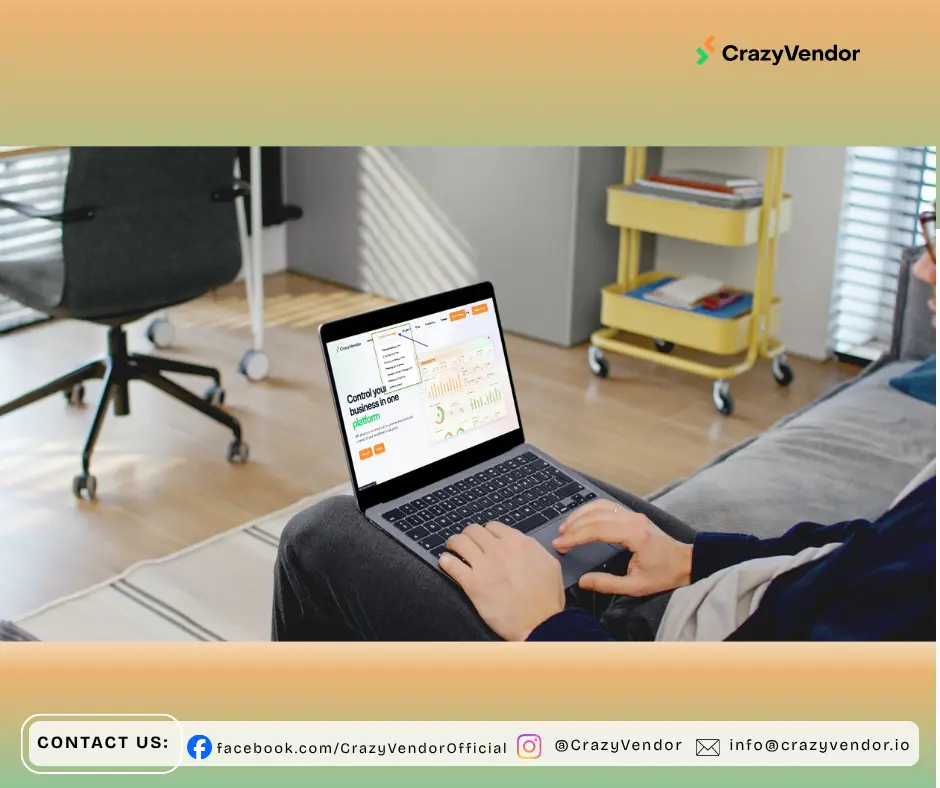 Person viewing CrazyVendor dashboard on laptop, demonstrating automation for FNSKU labeling and inventory management