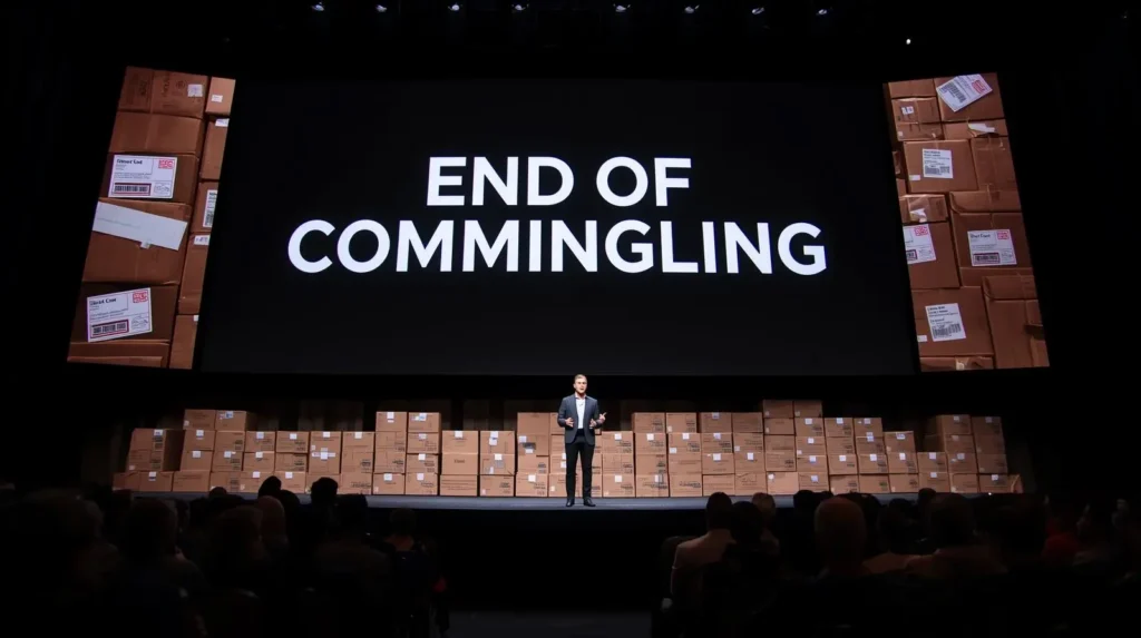 a man standing in front with word written on screen 'end of commingling' indicating an announcement for the end of commingling in 2025
