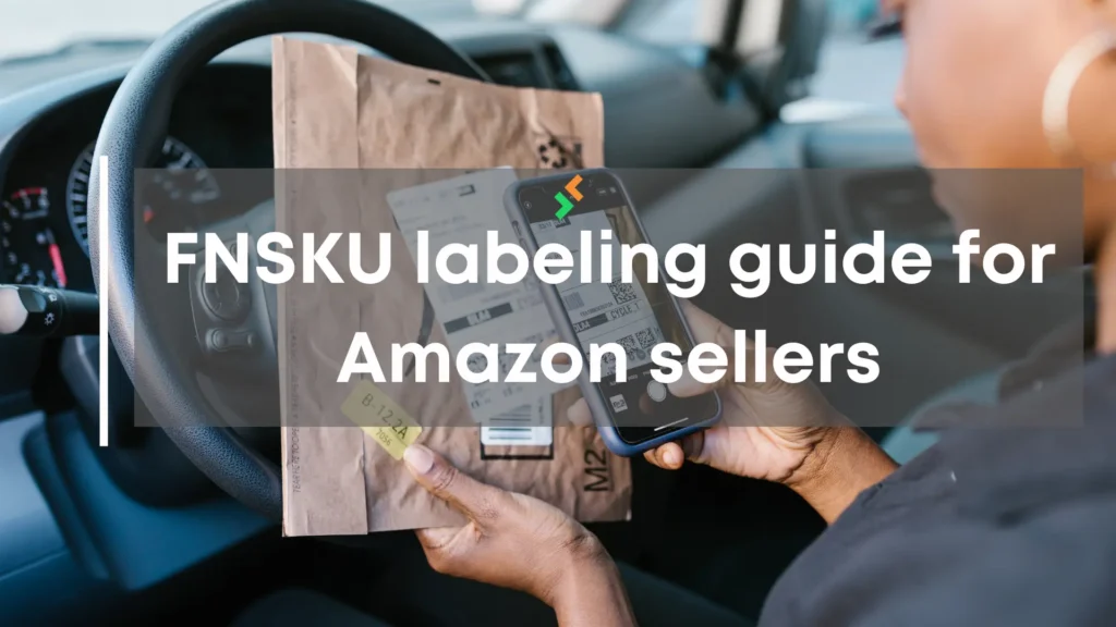 Woman scanning a parcel barcode representing accurate FNSKU labeling and seller traceability powered by CrazyVendor.