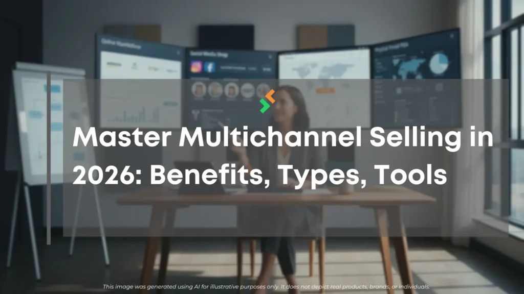 Multichannel selling strategy in 2026 showing an eCommerce professional analyzing sales dashboards across Amazon, Shopify, and Walmart using CrazyVendor’s automation tools.