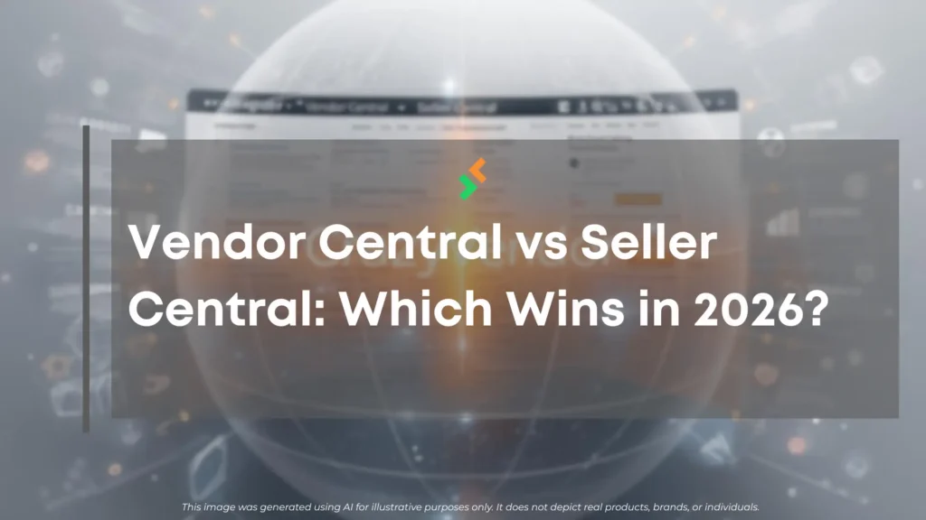 Split-screen comparison of Amazon Vendor Central vs Seller Central dashboards connected by CrazyVendor’s orange digital bridge.