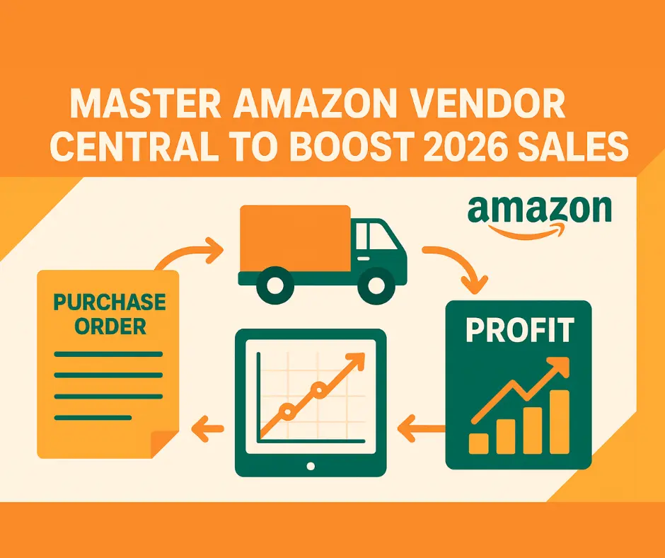Amazon Vendor Central workflow showing automation of purchase orders, compliance, and analytics.