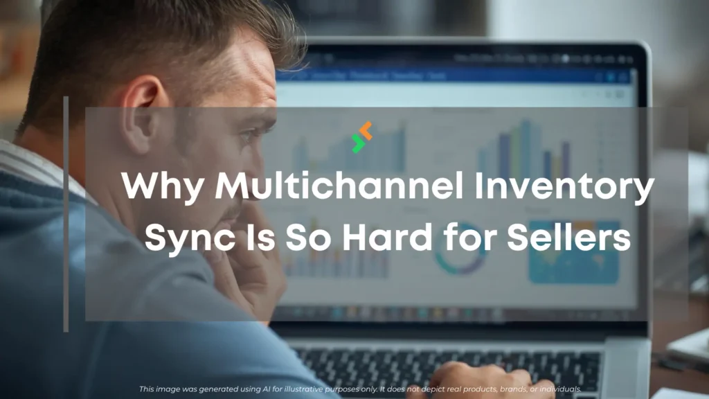 A confused seller looking at a laptop dashboard with mismatched stock levels to show the challenges of multichannel inventory sync.