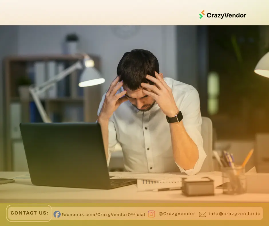 A confused seller looking at a laptop dashboard with mismatched stock levels to show the challenges of multichannel inventory sync.
